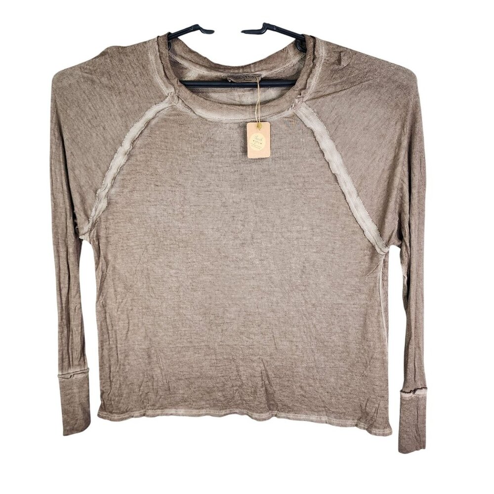 Womens Brown Zenana Top Long Sleeve Raglan Rayon Blend Round Neck Size S